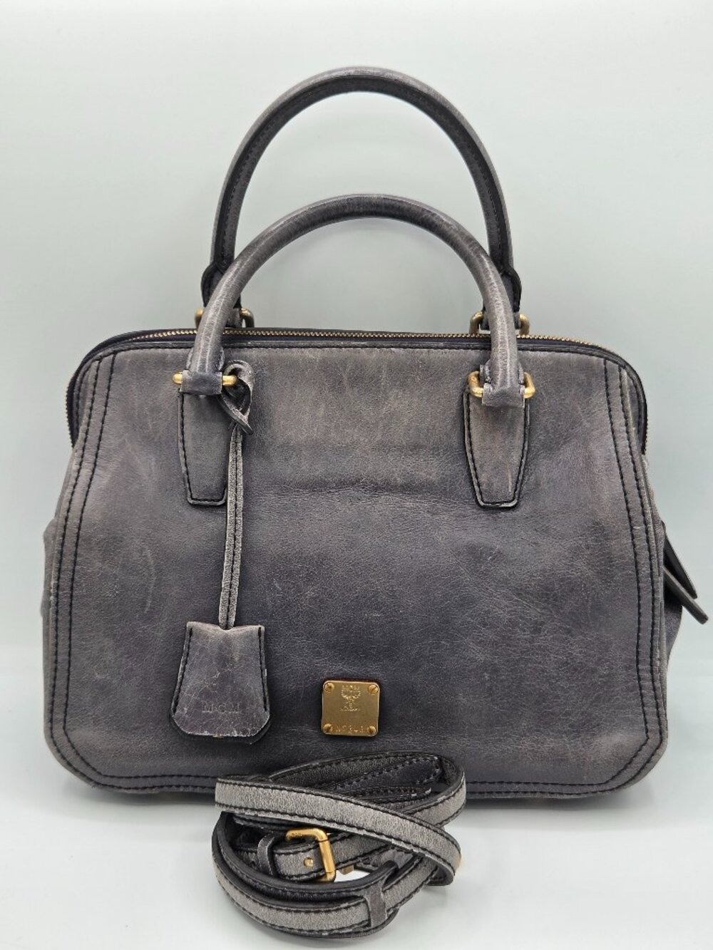 Authentic MCM Distressed Leather 2-Way Top Handle Satchel | Blue Gray